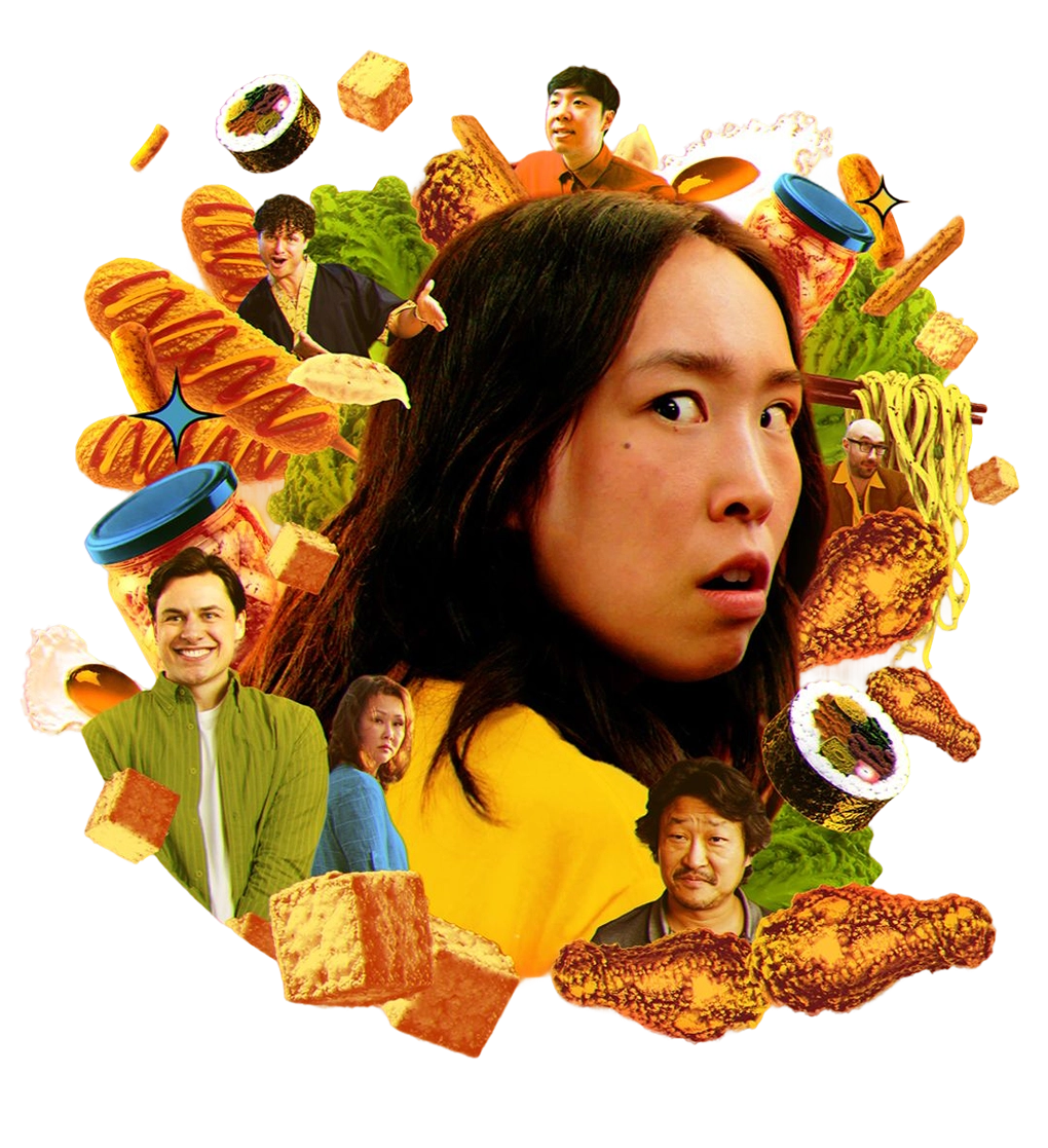 Banana digital series promotional artwork featuring the main character overwhelmed by mukbang foods and characters.
